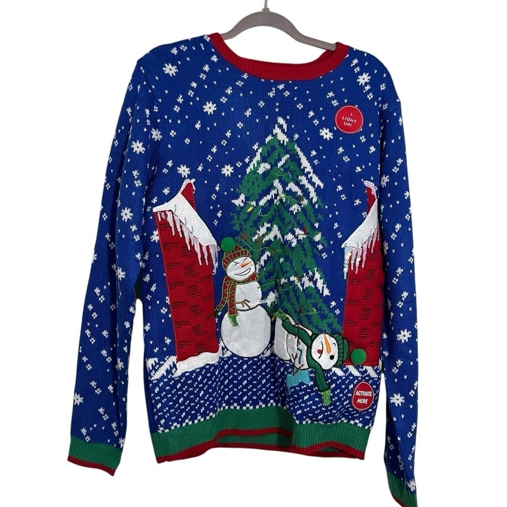 NWT Light Up Ugly Christmas Sweater WORKS Size Large Festive Snowman Holiday